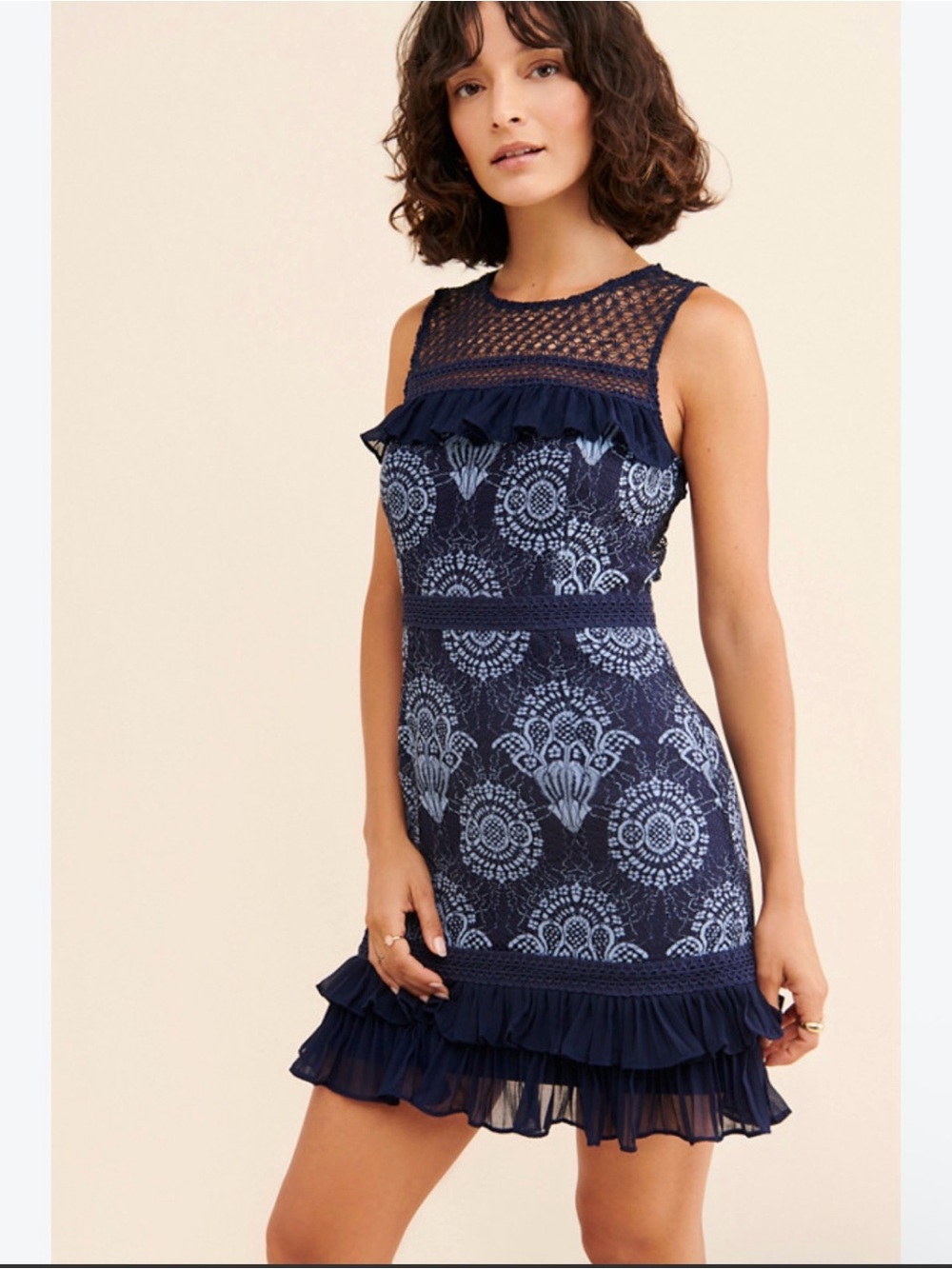 Adelyn Rae Aeris Sleeveless Navy Lace-Print Ruffle Dress